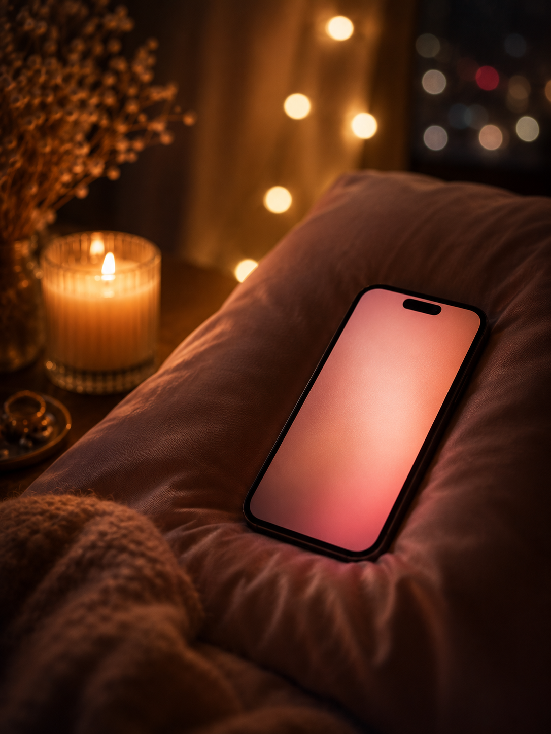 A smartphone screen glowing softly on a pillow with warm bokeh lights, suggesting a late-night call across distance