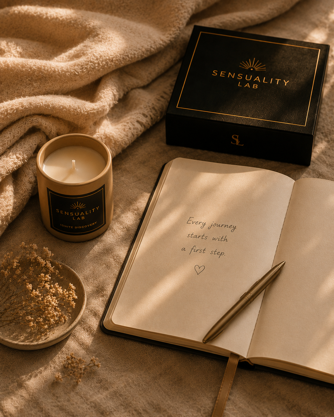 A journal reading "every journey starts with a first step" beside a candle and gift box