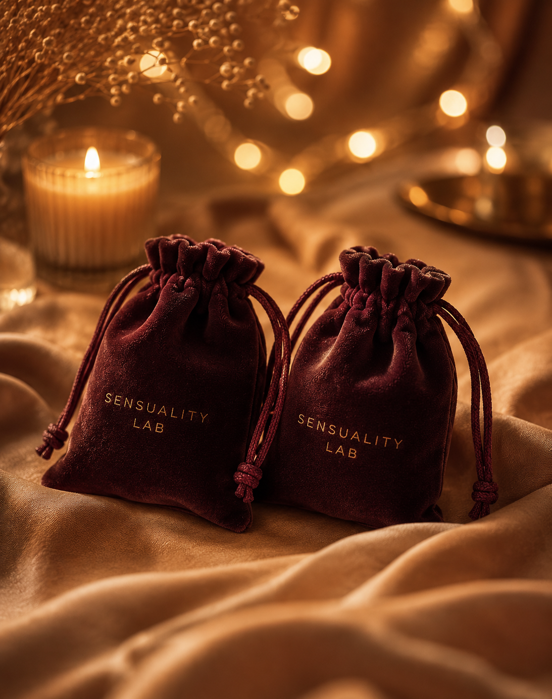 Two matching velvet gift pouches resting side by side on warm textured fabric with soft candlelight bokeh