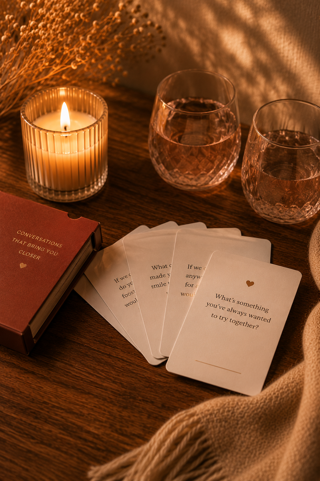 A fanned deck of conversation cards beside two glasses of wine and a lit candle