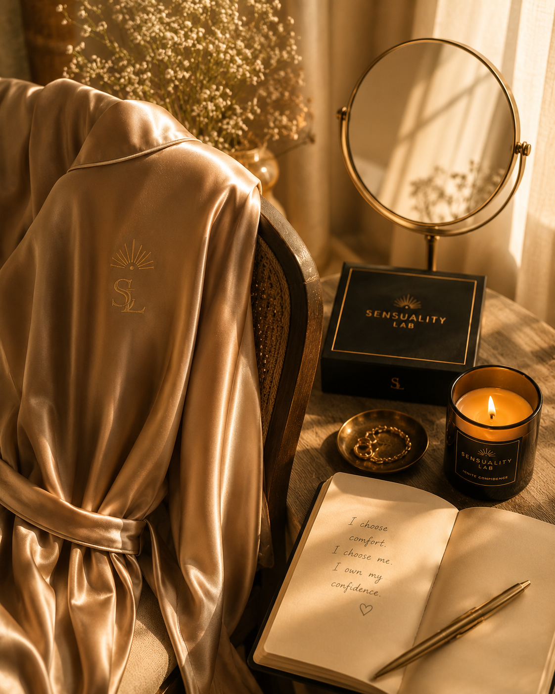 A monogrammed silk robe draped over a chair beside a vanity mirror and a journal reading "I own my confidence"
