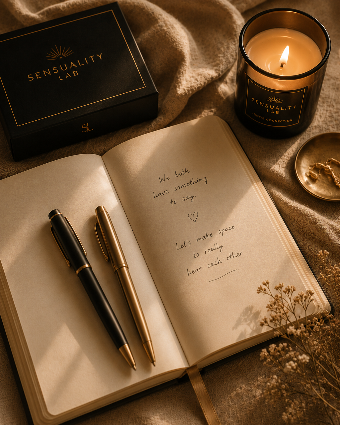 A journal reading "let's make space to really hear each other," beside two pens and a candle