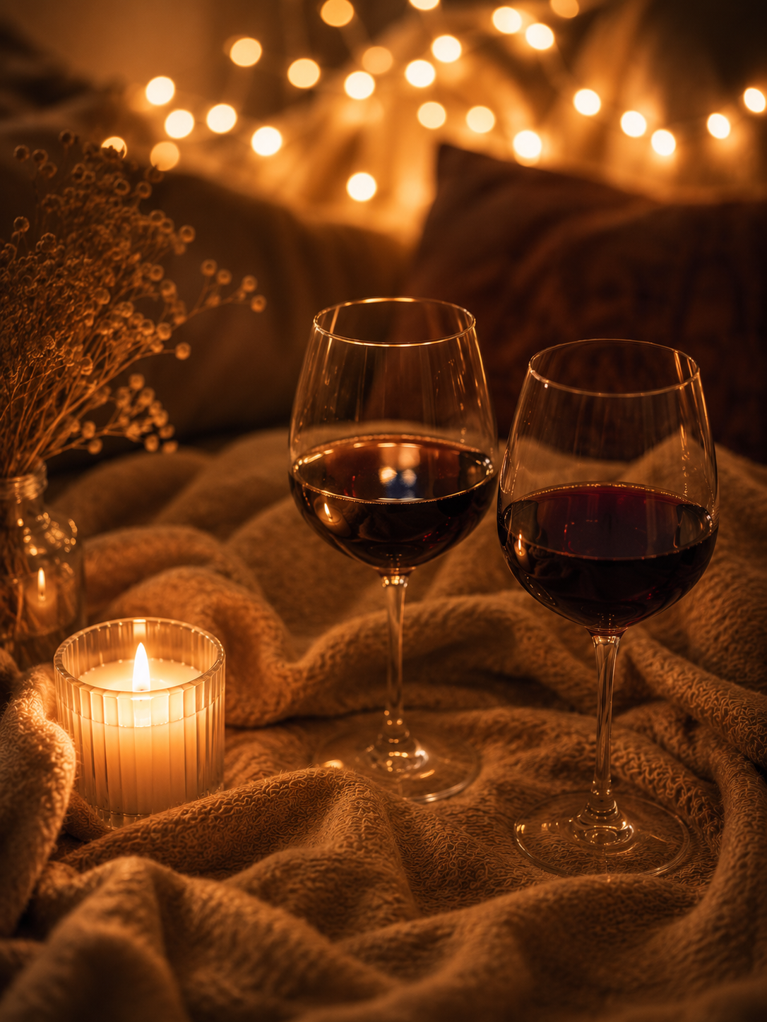 A small candle and two glasses of wine on a warm blanket with soft string-light bokeh in the background