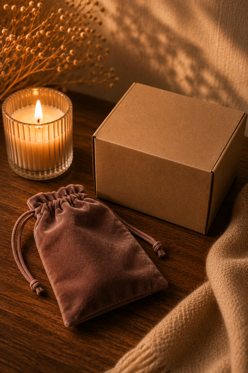 A plain unmarked shipping box beside a small velvet pouch, emphasizing quiet, low-profile packaging