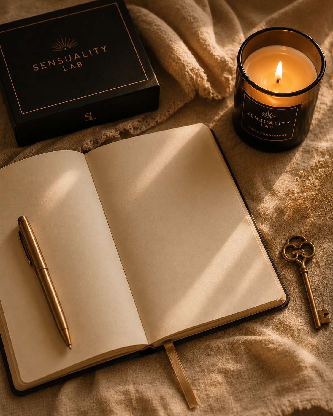 A blank open journal with a pen, a small key, and a lit candle, symbolizing an open, unhurried starting point