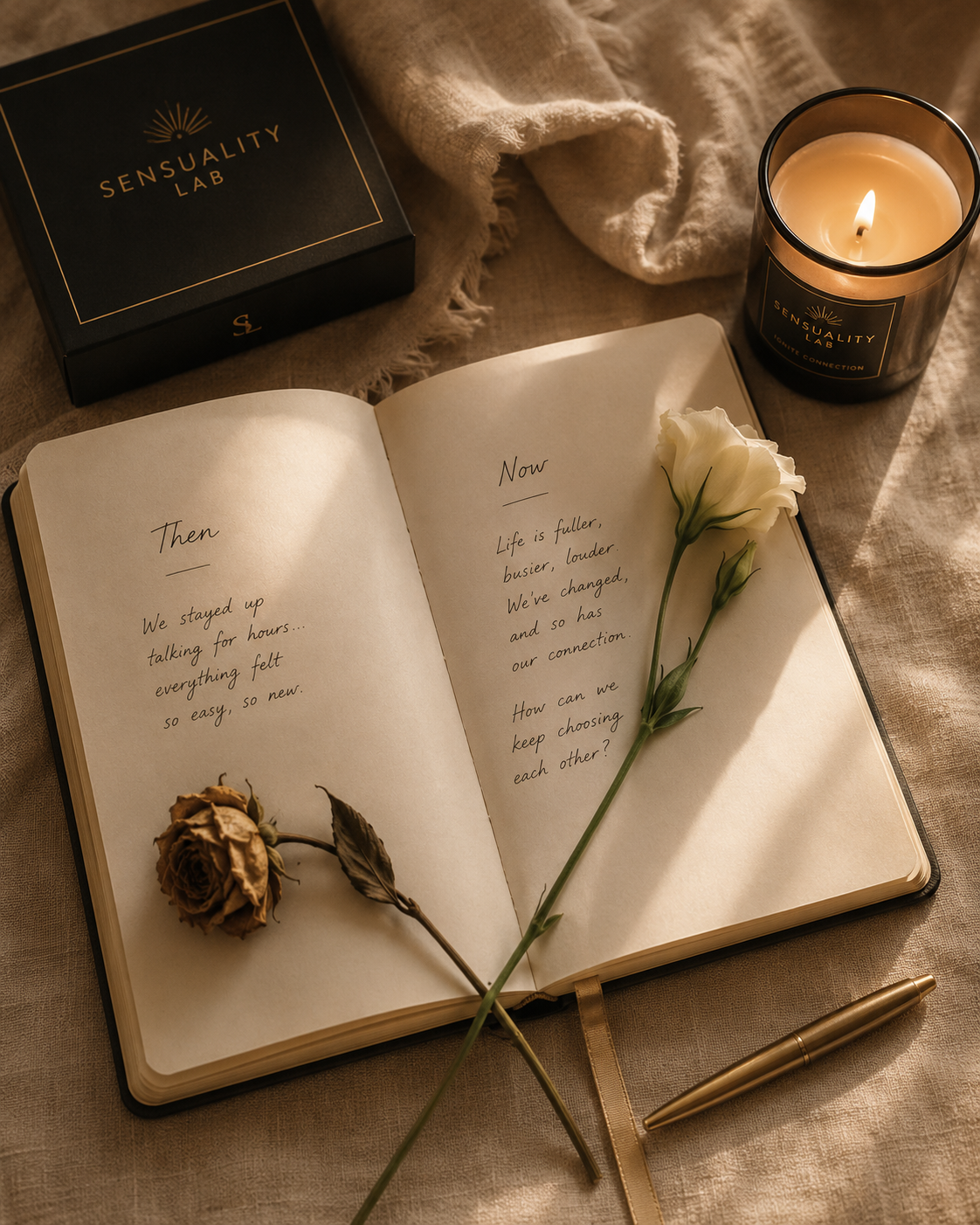 A journal comparing "then" and "now" beside a lit candle, reflecting on how intimacy changes over time