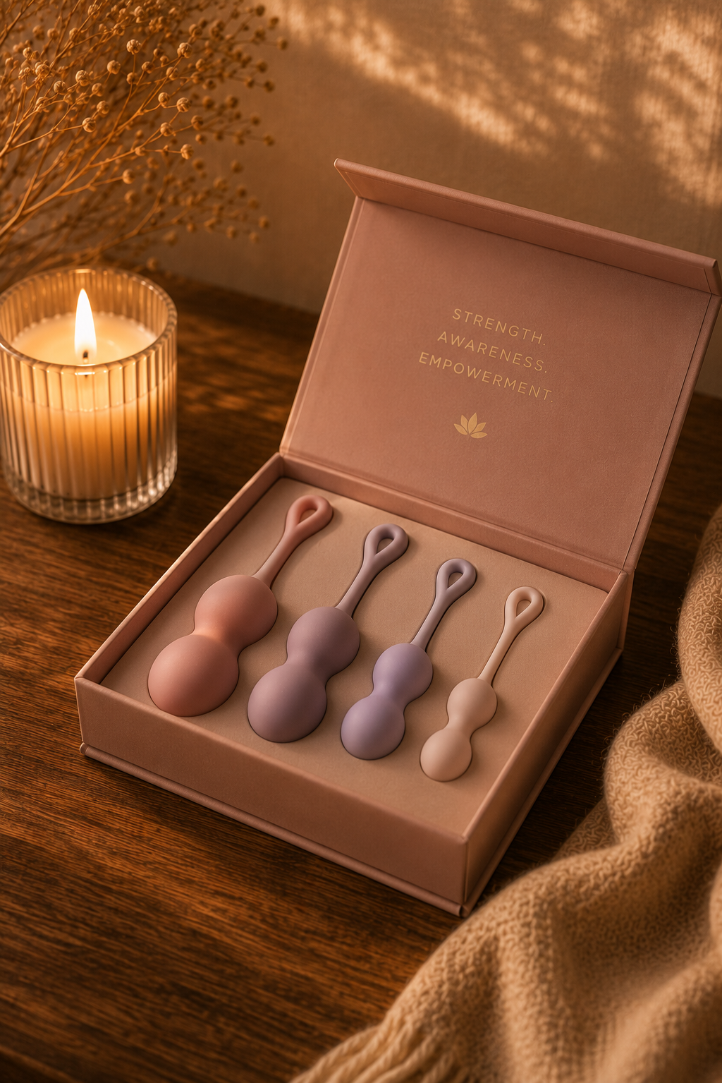 A graduated set of four kegel weights resting in an open presentation box reading "Strength. Awareness. Empowerment."