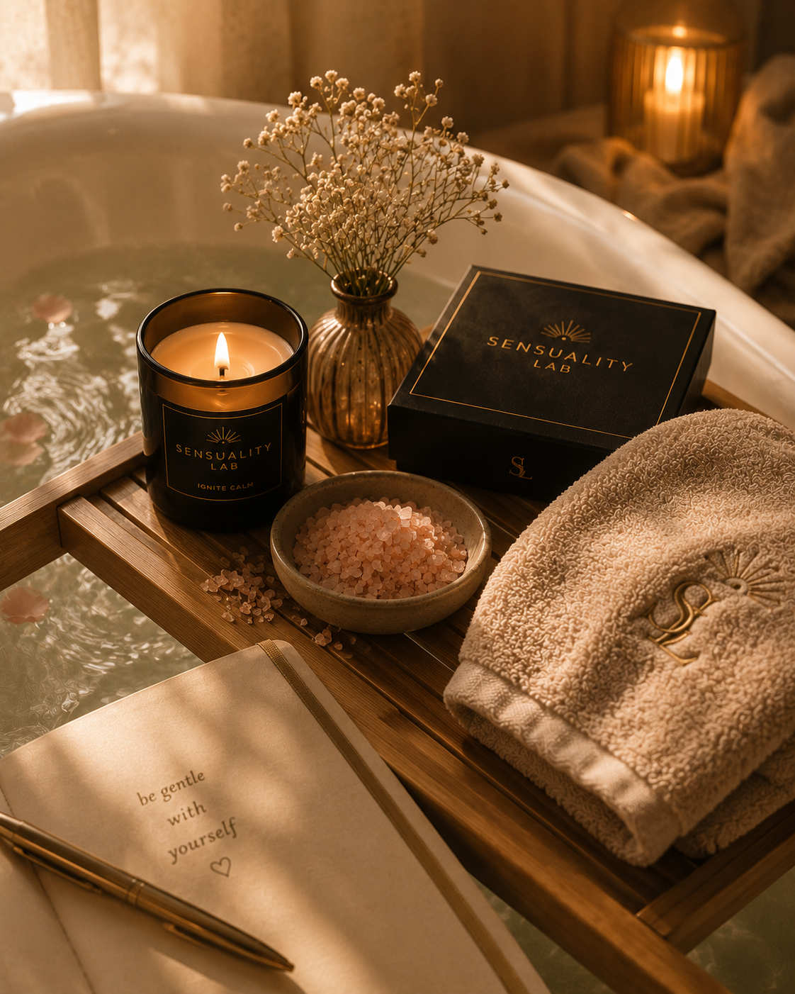 A warm bath tray with a candle, bath salts, and a towel, beside a journal reading "be gentle with yourself"