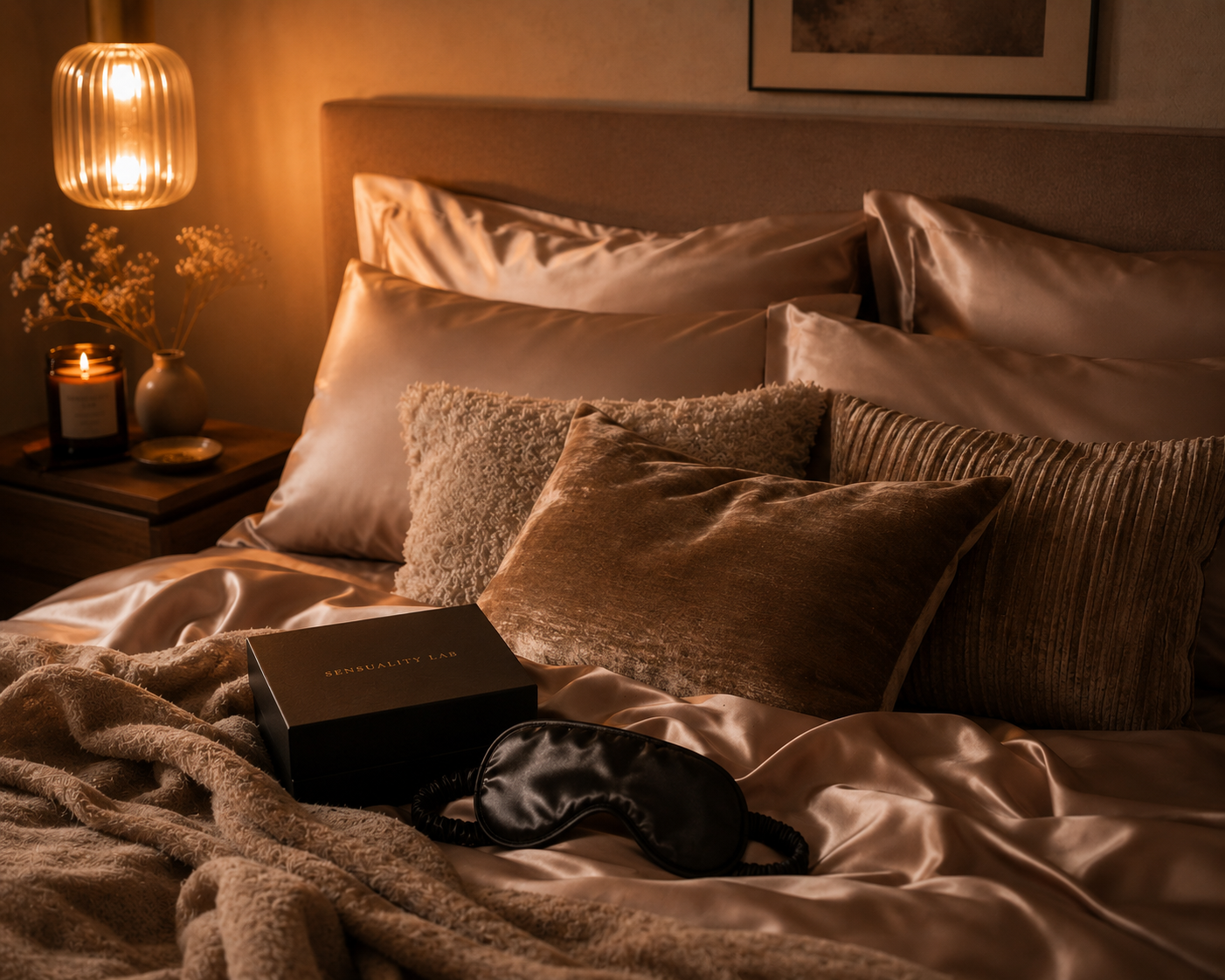Warm, soft bedroom imagery representing soft luxury night-in essentials for a romantic evening at home