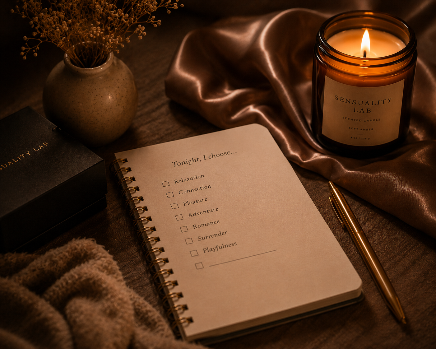 A notebook open to a handwritten checklist titled Tonight I choose, beside a lit candle — editorial imagery for a guide on choosing personal wellness products